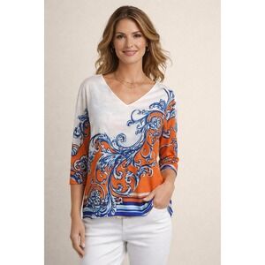 Chico's Women's Size 1(Sm)Baroque Scroll Print V-Neck Top Orange Blue 3/4 Sleeve